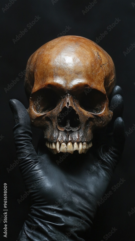 Fototapeta premium A single gloved hand grips a detailed, aged skull from below, the polished surface reflecting ambient white light.