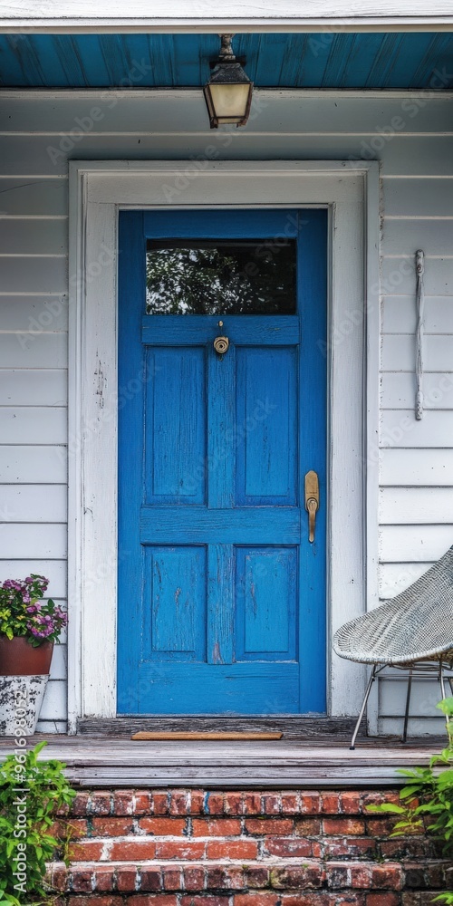 Fototapeta premium Blue Front Door of Beach Bungalow with Brick Porch and Egg Chair
