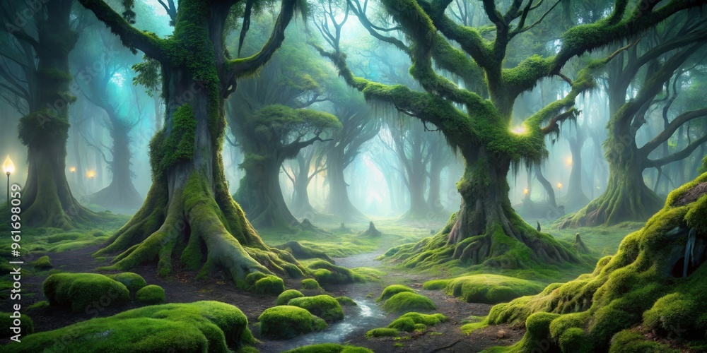 Obraz premium Glowing Moss Forest - Ancient Trees Covered in Luminous Moss with Soft Mist Floating Through the Air to Establish a Mysterious and Otherworldly Atmosphere with Pastel Greens.