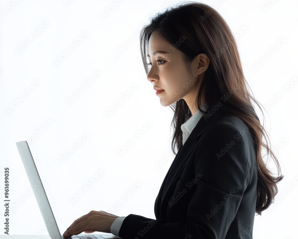 Asian banker woman typing on a laptop, isolated on pure white background, efficient business environment Asian banker woman typing on a laptop, isolated on pure white background, efficient business environment