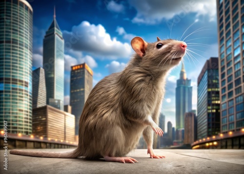 Enormous brown rat looms tall beside the skyscraper, its beady eyes gazing out at the crowded pavement and