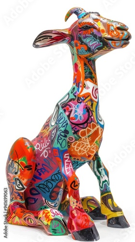 Colorful, abstract sculpture of a goat, painted in a graffiti style.