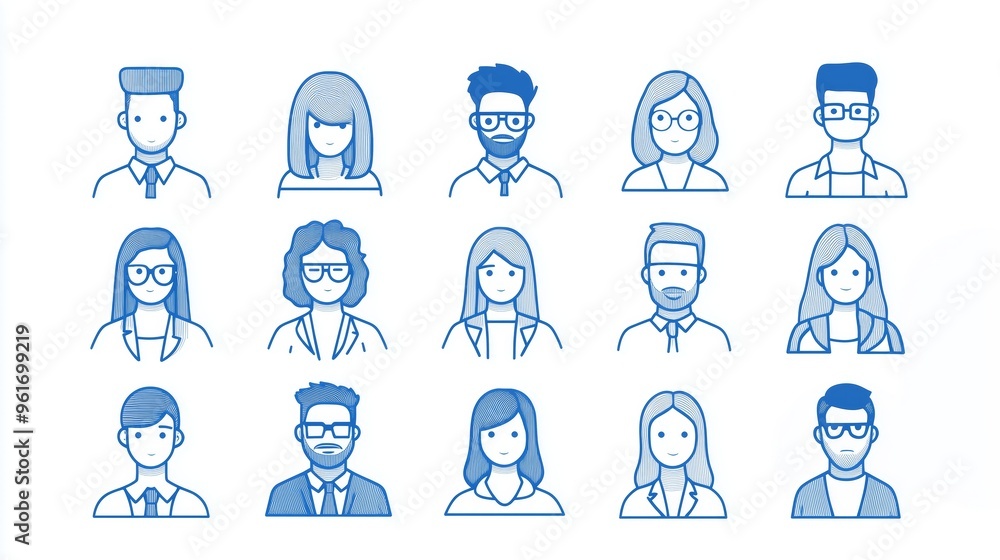 Minimalist set avatar of people made from blue lines on a white background. Minimalist set avatar of people made from blue lines on a white background.