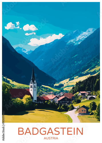 Badgastein Austria Poster Illustration Travel Print Decor Gift Paper Canvas Wall Retro Art photo