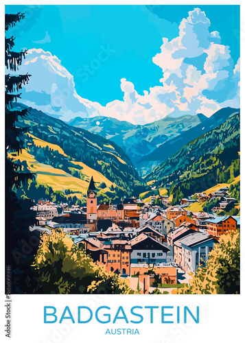 Badgastein Austria Poster Illustration Travel Print Decor Gift Paper Canvas Wall Retro Art #961699298