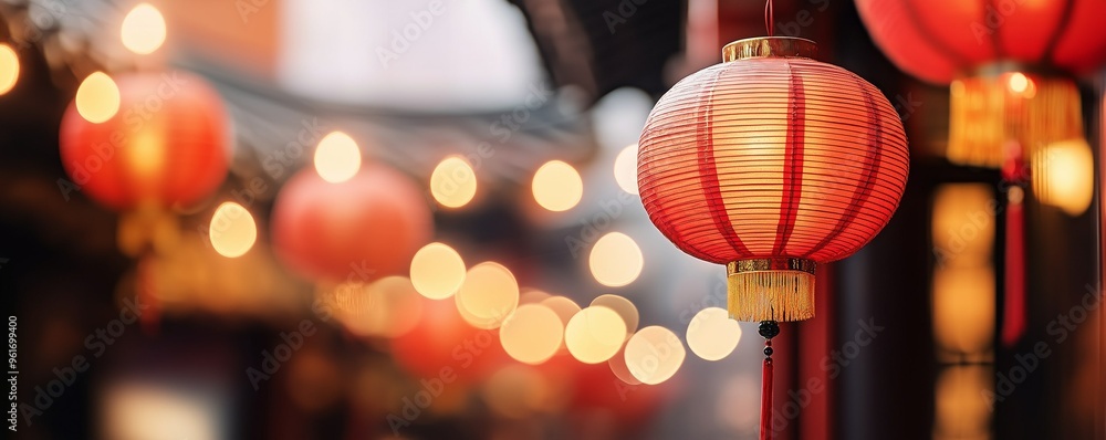 A Chinese lantern on the street. A festive decoration. A traditional red paper lantern in Asia. Chinese New Year A Chinese lantern on the street. A festive decoration. A traditional red paper lantern in Asia. Chinese New Year