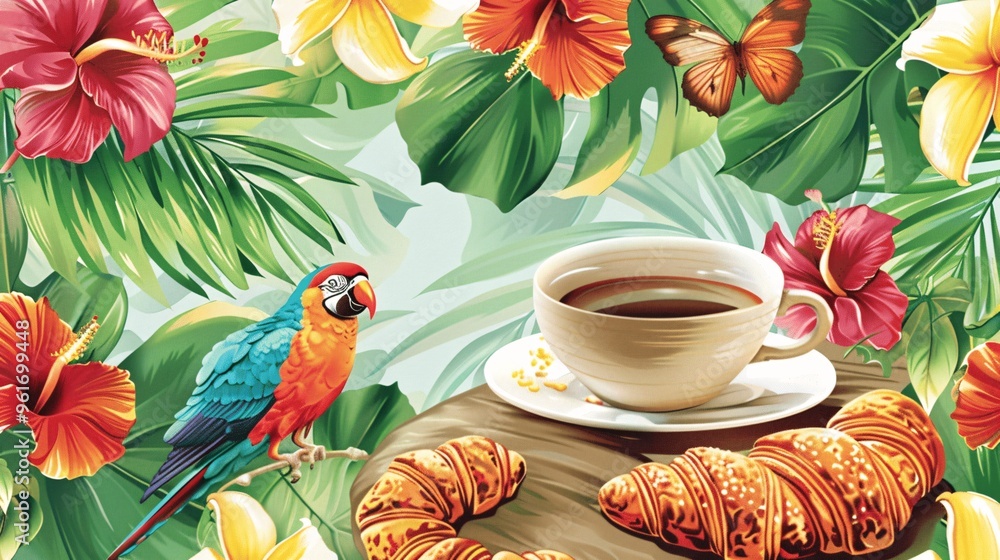 Obraz premium Tropical Breakfast with Coffee Croissants and Parrot