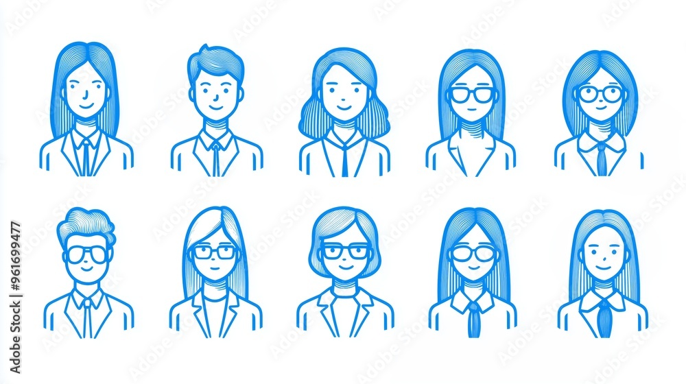 Minimalist set avatar of people made from blue lines on a white background. Minimalist set avatar of people made from blue lines on a white background.
