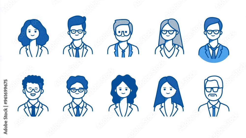 Minimalist set avatar of people made from blue lines on a white background. Minimalist set avatar of people made from blue lines on a white background.