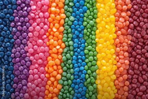 Rows of colorful candy in rainbow order. This image can be used for a variety of projects related to food, sweets, or celebrations.