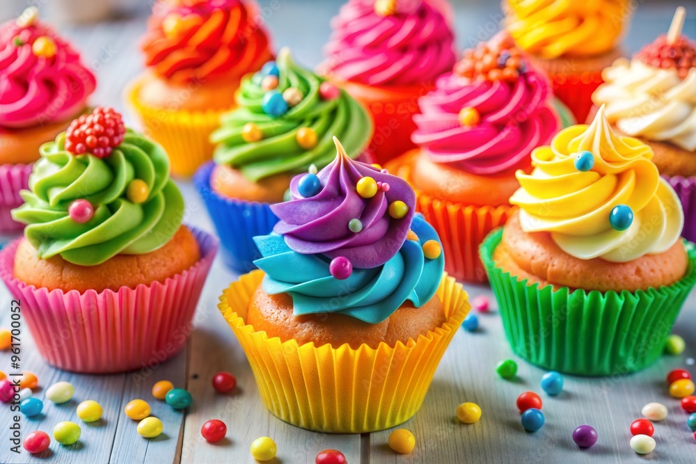 Vibrant and colorful cupcakes with frosting and sprinkles on wooden surface Vibrant and colorful cupcakes with frosting and sprinkles on wooden surface