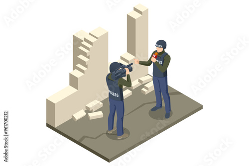 Isometric War journalist correspondent wearing a bulletproof vest and helmet reporting exclusive live from a destroyed town in real-time. Professional digital video camera