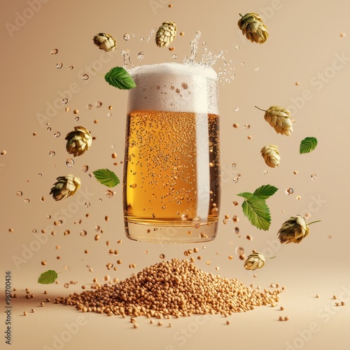  A beer glass with foam, surrounded by floating hops, grains, and water droplets in mid-air, representing brewing and the beer industry.