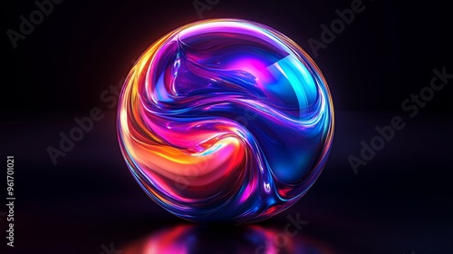 3D render of an abstract iridescent rainbow gradient sphere with swirling shapes on a black background.