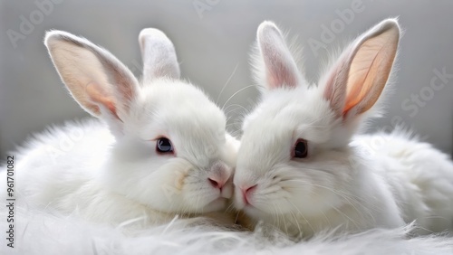 Fluffy white bunnies snuggle up together, their soft ears and delicate whiskers entwined in a tender display of