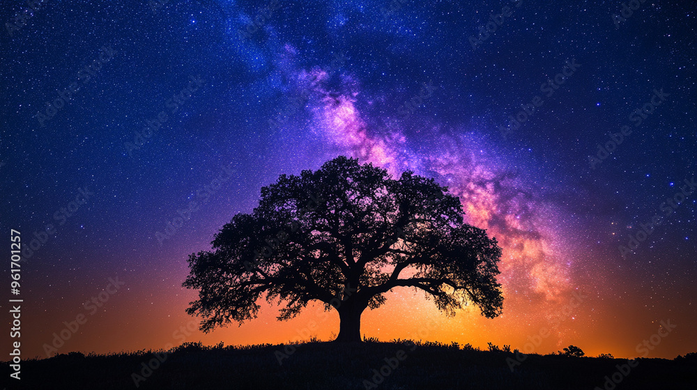 a majestic tree silhouetted against night skyline of the universe and stars a majestic tree silhouetted against night skyline of the universe and stars