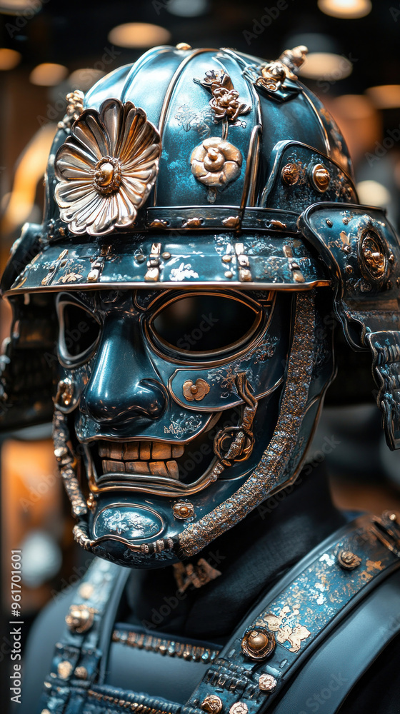 Obraz premium Close-up of A samurai helmets or masks, highlighting the symbolic and cultural significance of the designs.