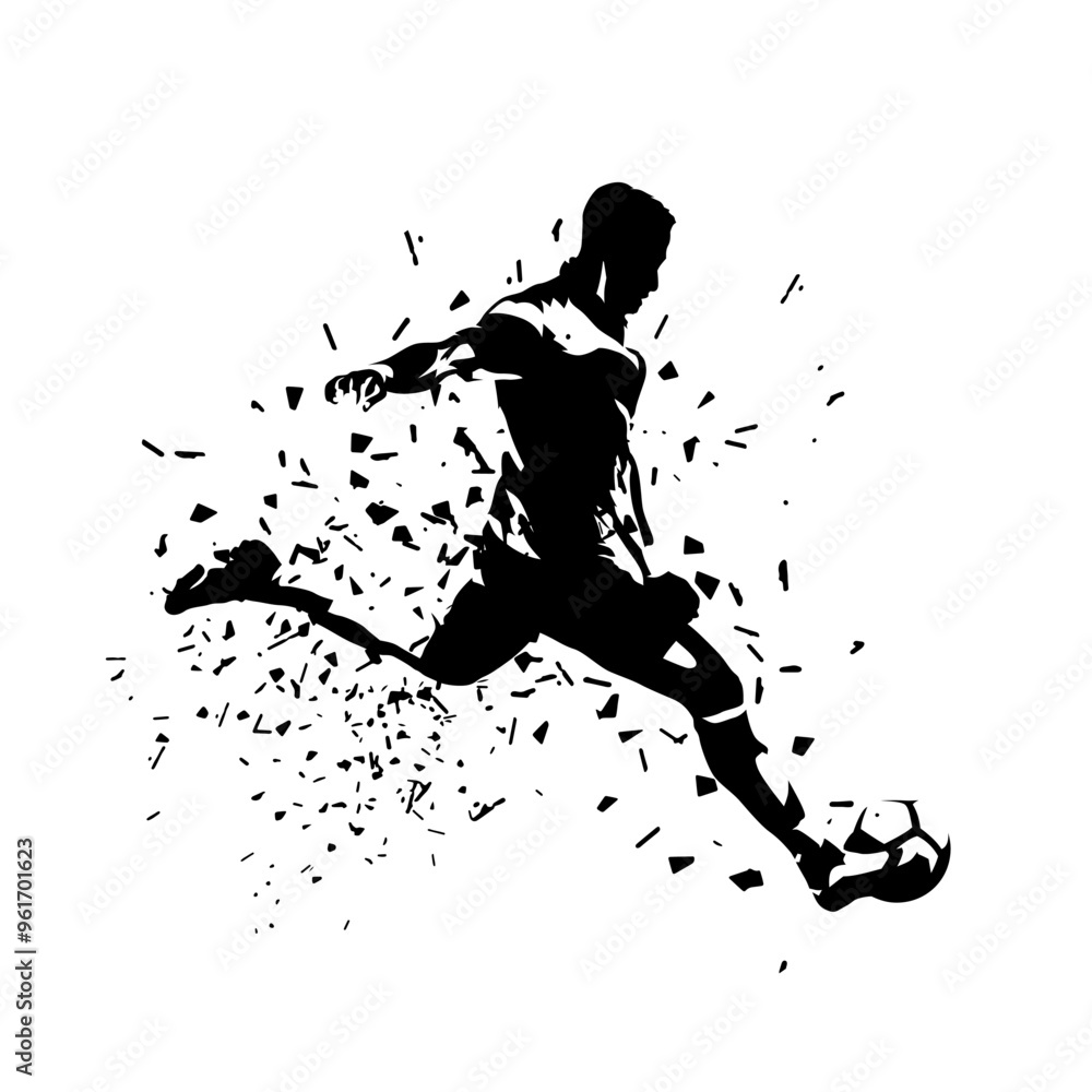 Football, soccer player kicking ball, isolated vector silhouette Football, soccer player kicking ball, isolated vector silhouette