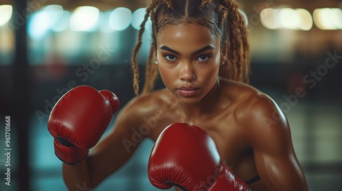 A woman in boxing gloves intensely training at the gym, showcasing strength and determination during her workout.