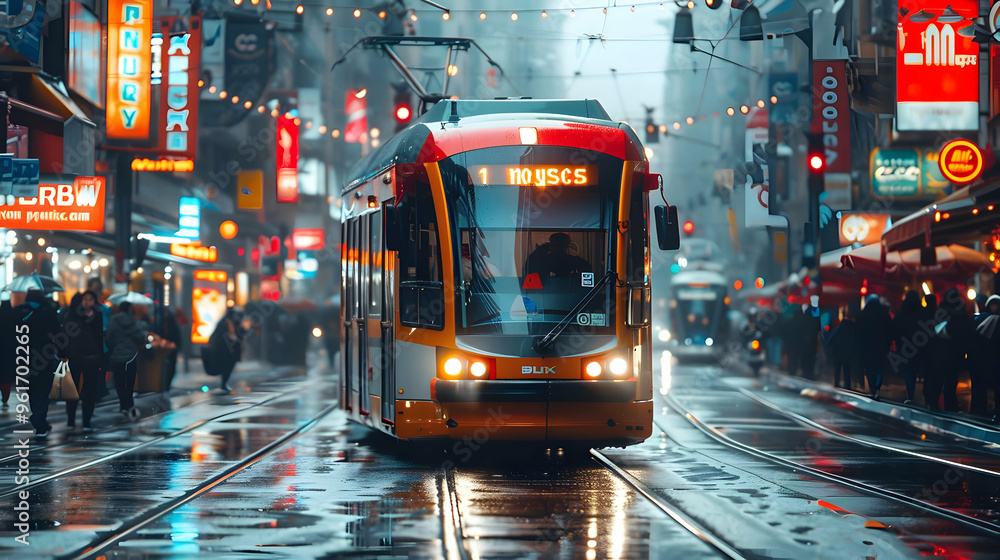 Tram in City Street Digital Illustration Tram in City Street Digital Illustration