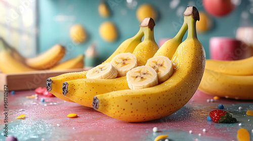 Bananas as part of marketing materials, such as bright, attention-grabbing banners or product labels. photo