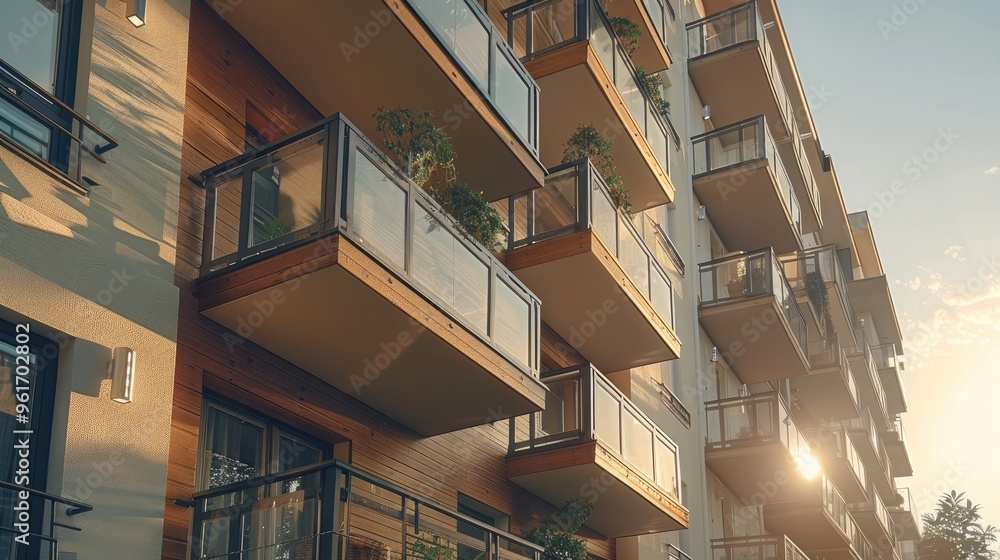 Exterior view of a modern apartment building with stylish balconies, urban setting, daytime. Generative AI. Exterior view of a modern apartment building with stylish balconies, urban setting, daytime. Generative AI.