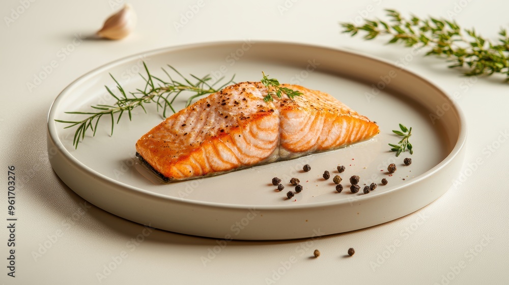 A piece of salmon is on a white plate with parsley and pepper A piece of salmon is on a white plate with parsley and pepper