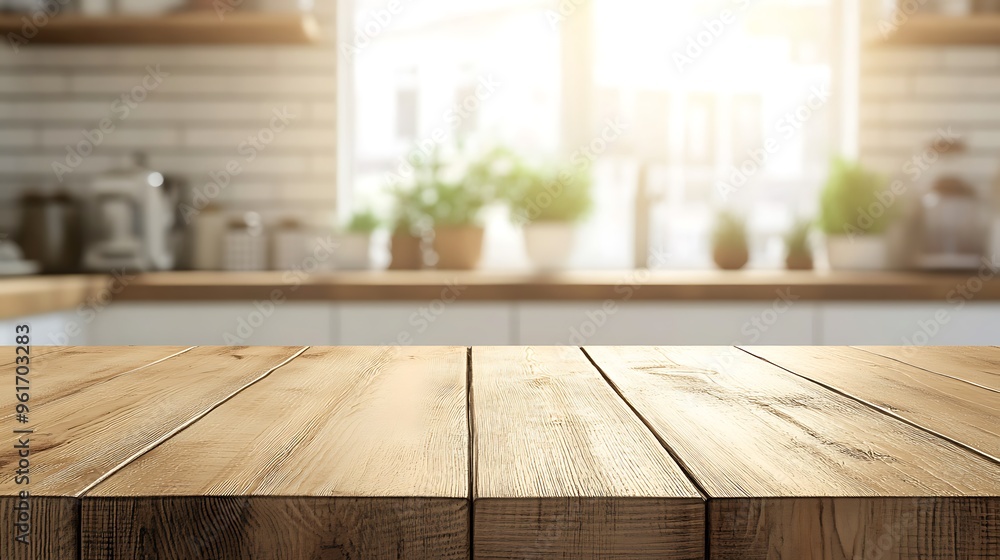 Wooden table top with a natural texture in the foreground, with a soft-focus kitchen background, rendered in 3D for product placement or montage purposes. Wooden table top with a natural texture in the foreground, with a soft-focus kitchen background, rendered in 3D for product placement or montage purposes.