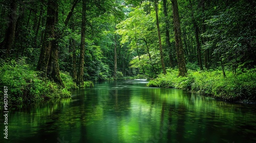 Pristine river flowing through green forest wilderness