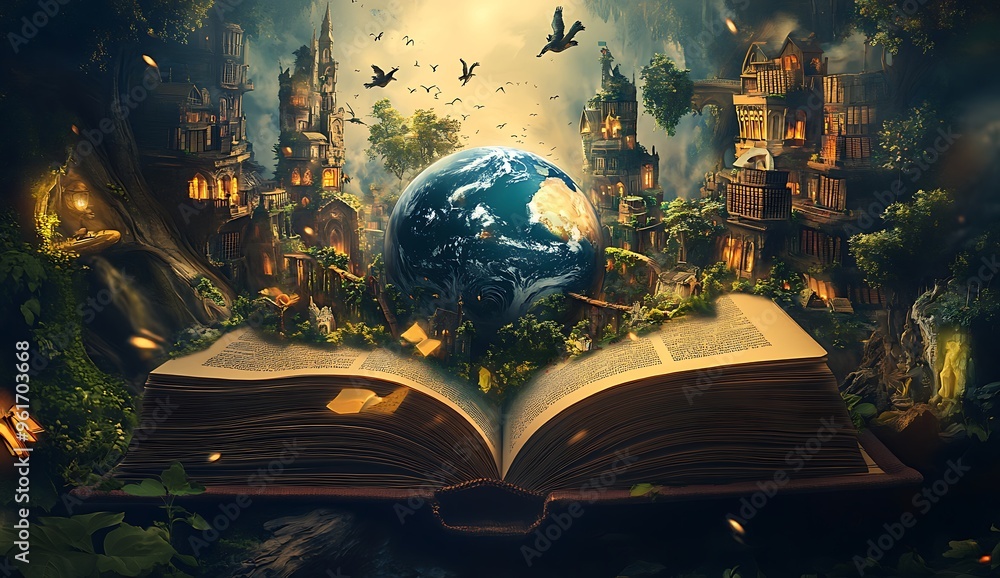 Obraz premium A detailed, high-resolution image of an open book with an imaginative realm within, featuring floating books, mystical creatures, and Earth at its core, with buildings formed from giant trees and wate