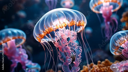 Jellyfish drifting in colorful underwater scene, marine life exploration