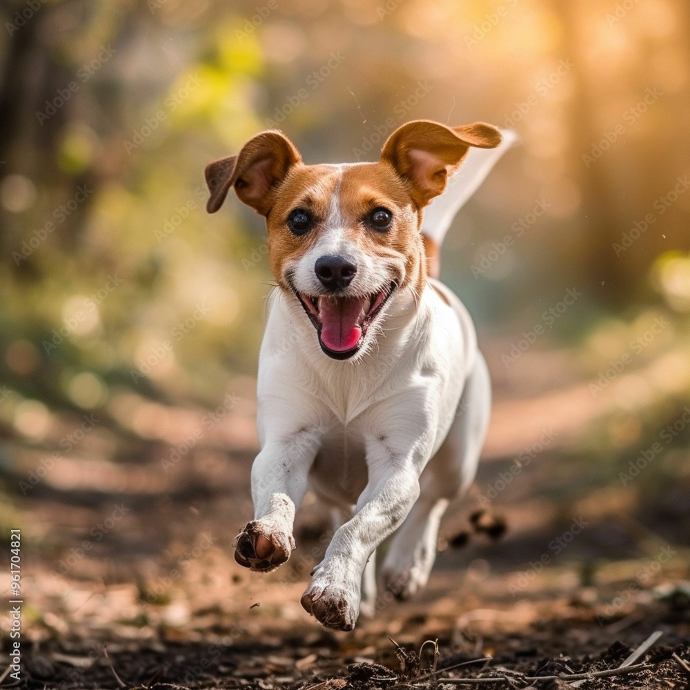 Happy dog running joyfully through a sunny forest path during the golden hour of early evening