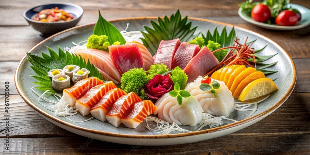 Frozen sashimi-grade seafood arranged on a delicate porcelain plate with artistic garnishes, awaiting discerning Frozen sashimi-grade seafood arranged on a delicate porcelain plate with artistic garnishes, awaiting discerning