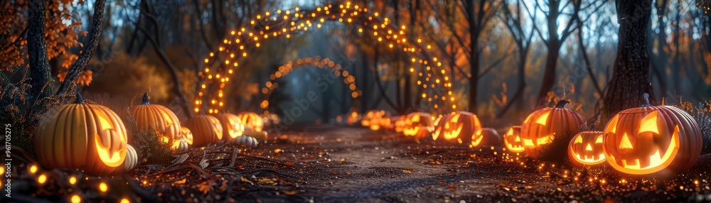 Enchanting Halloween scene with carved pumpkins and fairy lights in a misty forest, creating a magical autumn atmosphere. Enchanting Halloween scene with carved pumpkins and fairy lights in a misty forest, creating a magical autumn atmosphere.