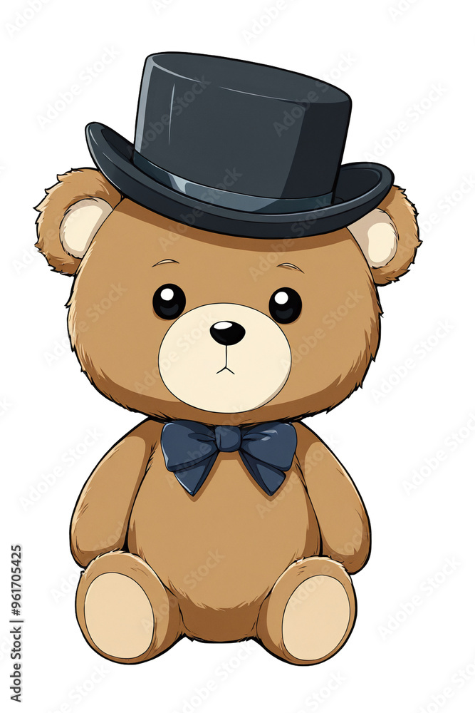Naklejka premium Brown teddy bear in a top hat with a bow tie on transparent background