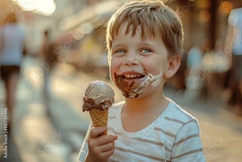 Charming boy enjoying summertime carefree spirit. Happy small boy innocence and short brown hair playing. Child savors each bite of their ice cream cone. photo