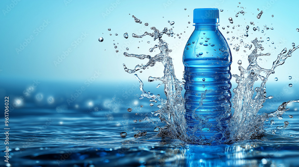 Blue water splash around plastic bottle, refreshing liquid motion, pure drinking water, hydration concept, bottled water freshness, clean clear water, water dynamic, bright blue background Blue water splash around plastic bottle, refreshing liquid motion, pure drinking water, hydration concept, bottled water freshness, clean clear water, water dynamic, bright blue background