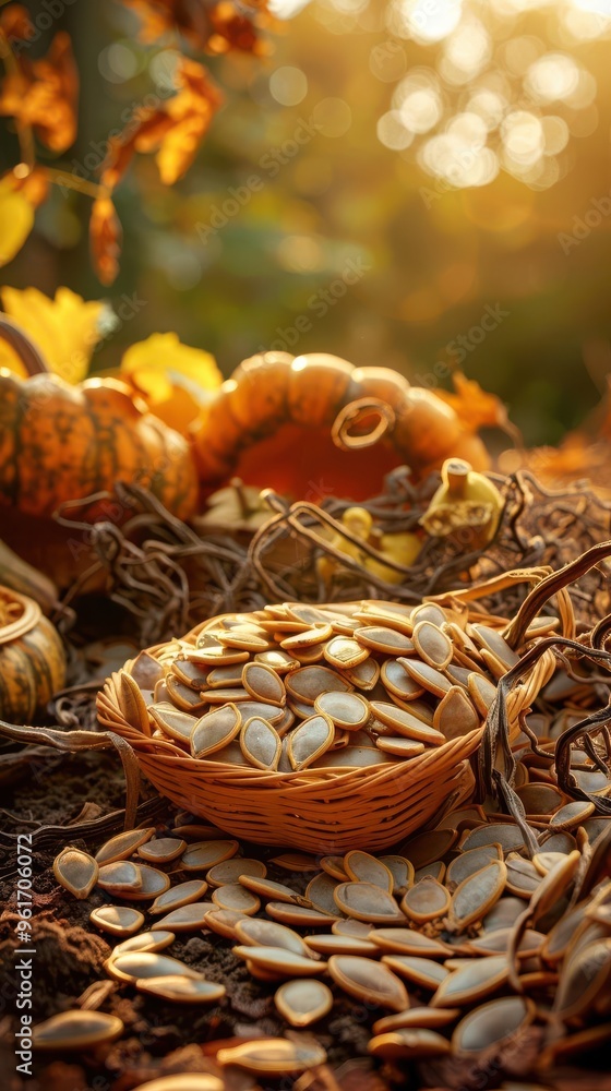 A basket full of pumpkin seeds surrounded by autumn harvest scene, featuring ripe pumpkins and warm sunlight. Perfect for seasonal themes. A basket full of pumpkin seeds surrounded by autumn harvest scene, featuring ripe pumpkins and warm sunlight. Perfect for seasonal themes.