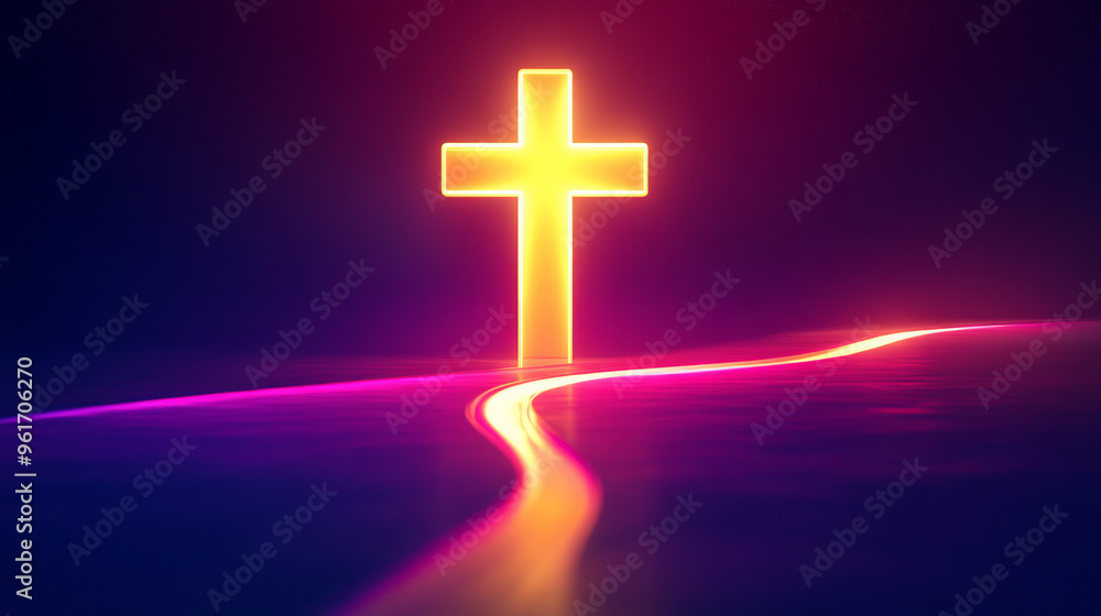 Fototapeta premium Icon of a big golden glowing cross, and a curved path leading to its base.