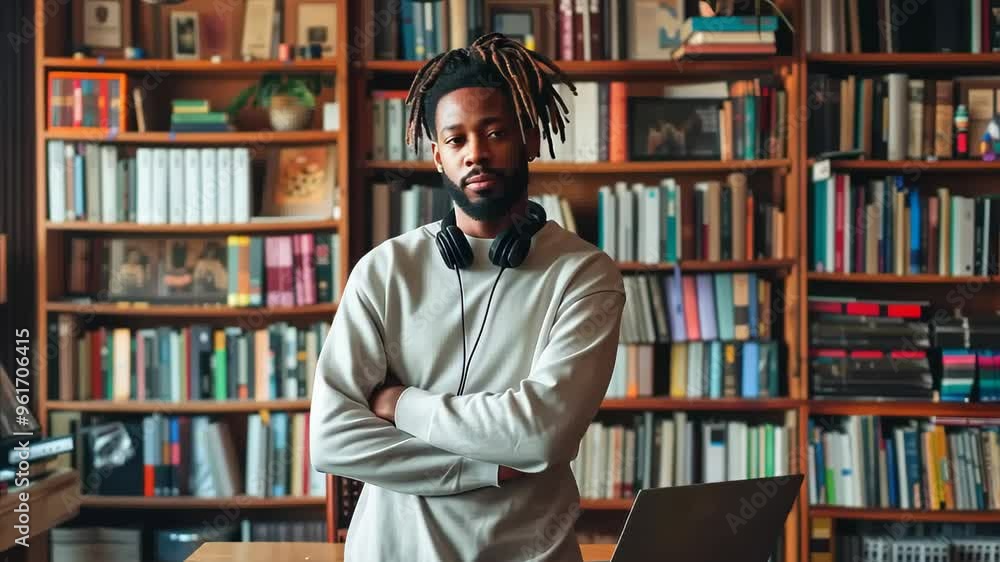 Man with headphones stands in front of the desk at work. Man with headphones stands in front of the desk at work.