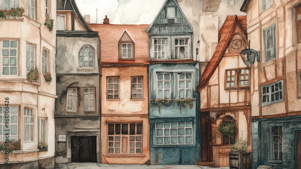 Obraz premium Enchanting Watercolor Depiction of Charming Historic Buildings in a Picturesque European Town
