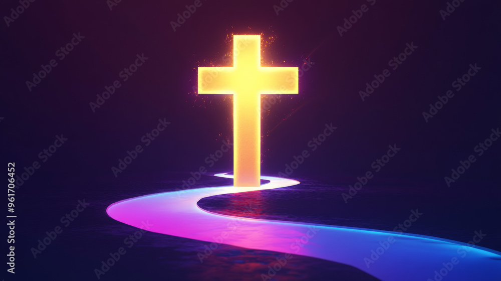 Fototapeta premium Icon of a big golden glowing cross, and a curved path leading to its base.