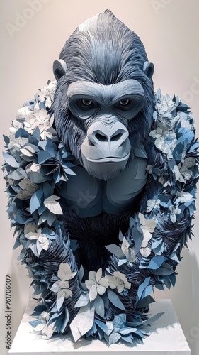 Paper art style, a gorilla crafted from layered paper with detailed folds and textures, showcasing a meticulous and artistic design. photo