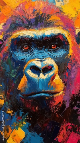 Oil painting style, a gorilla depicted with rich, vibrant colors and expressive brushstrokes, highlighting its powerful presence.