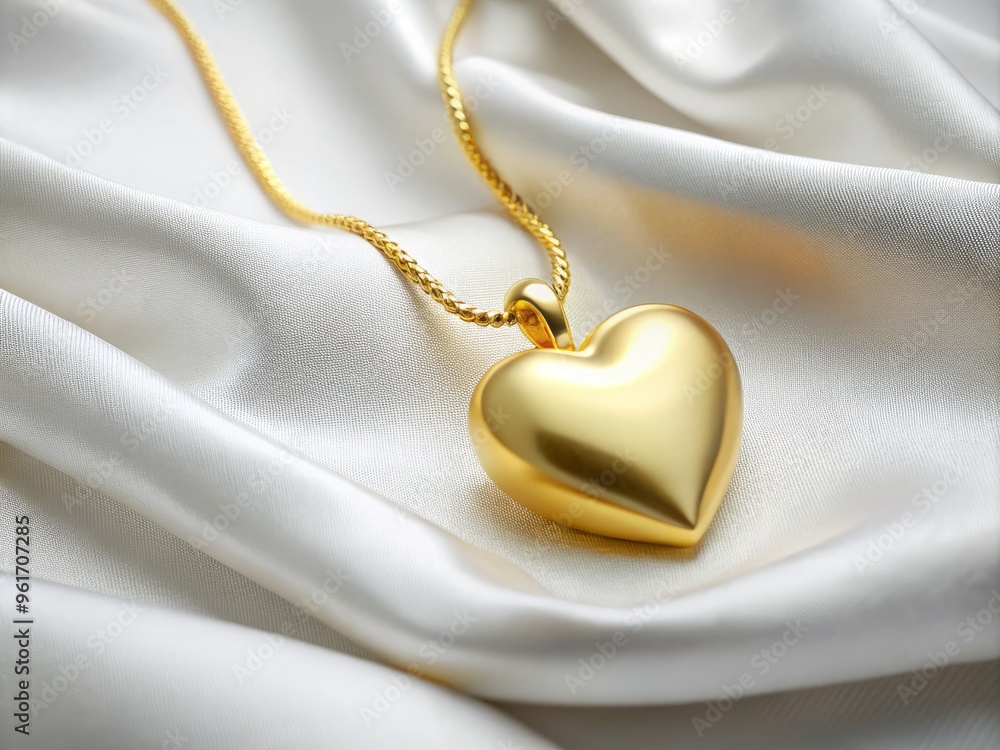 Gold heart-shaped pendant necklace resting on a white satin background, symbolizing love, commitment, and devotion Gold heart-shaped pendant necklace resting on a white satin background, symbolizing love, commitment, and devotion