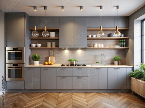 Grey cabinetry with subtle handles and understated hardware creates a streamlined appearance in the modern kitchen,