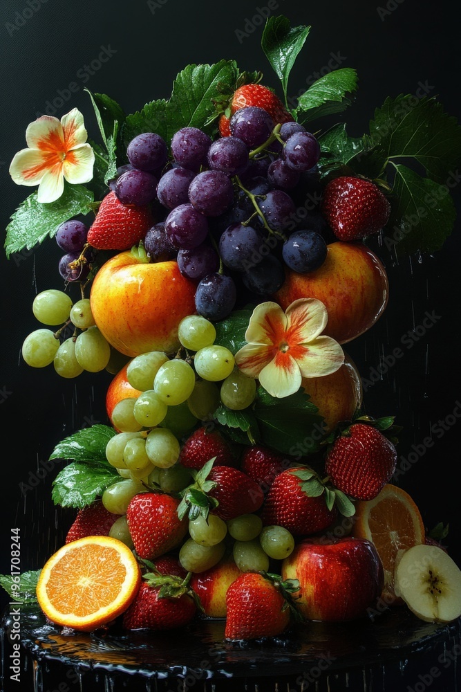 Bouquet of Fresh Fruits: A Colorful Still Life Arrangement with Grapes, Strawberry, and Apples Bouquet of Fresh Fruits: A Colorful Still Life Arrangement with Grapes, Strawberry, and Apples