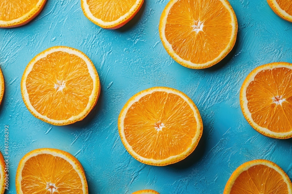 Orange slices on blue background. Perfect for a fresh and healthy food theme. Orange slices on blue background. Perfect for a fresh and healthy food theme.