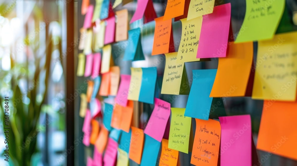 Fototapeta premium Colorful sticky notes on a glass wall for brainstorming session