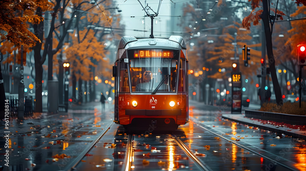 Rainy Cityscape with Tram Illustration Rainy Cityscape with Tram Illustration
